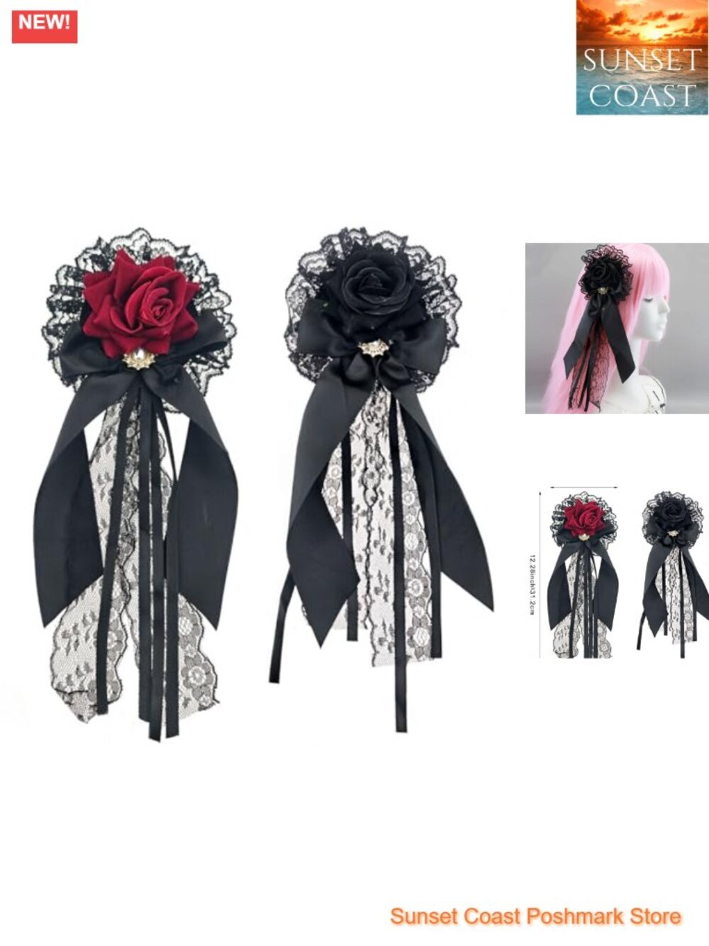 2 Pack Rose Bow Hair Clip Lace Pearl Hairpin Gothic Lolita Brooch Pin